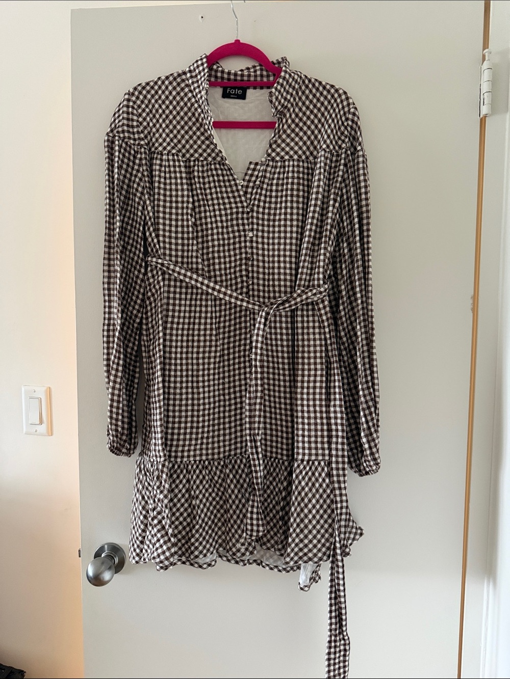 Fate Brown and White Gingham Tie-Waist Mini Dress